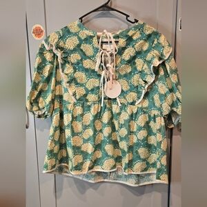 Umgee Green Floral Ruffle Blouse
